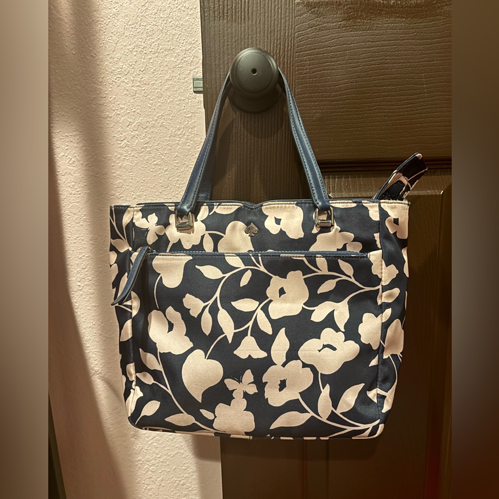 Kate Spade Euc Fabric Navy Tote With Pink Flowers